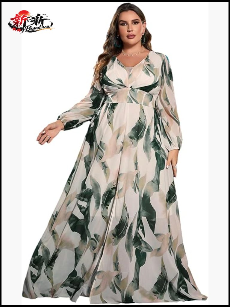 Plus Size V Neck Floral Print Maxi Dress Long Sleeve Casual Elegant
